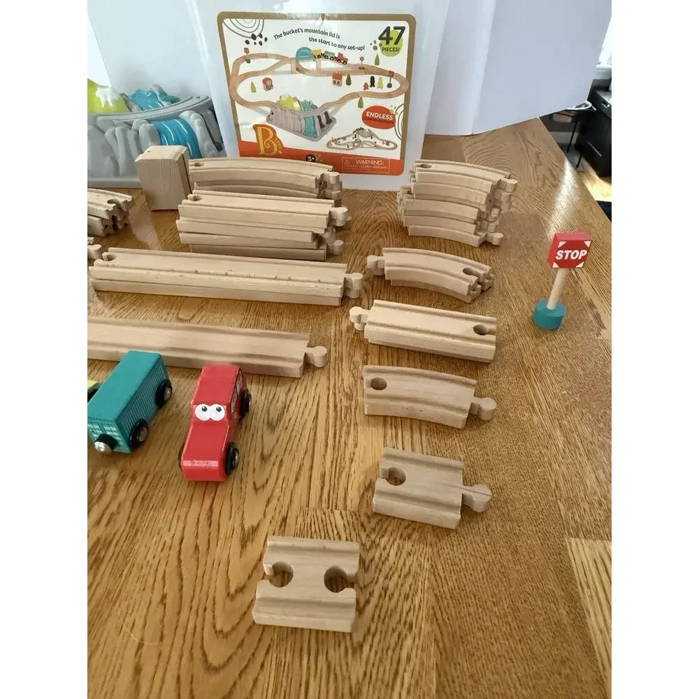 B. Toys Wood & Wheels Wooden Train Set Mountain Bucket Track Lot Cars Bridge